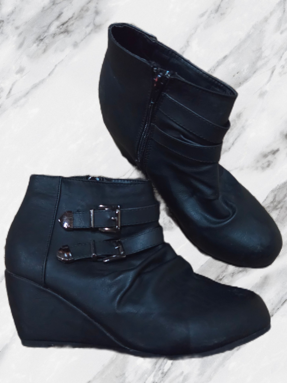 Black Wedge Ankle Boots with Buckle Detail - Picture 2 of 6